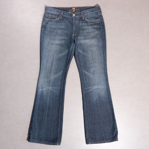 7 For All Mankind Flare High Rise Blue Stretch Denim Jeans Women's 31x32 USA - Picture 1 of 9